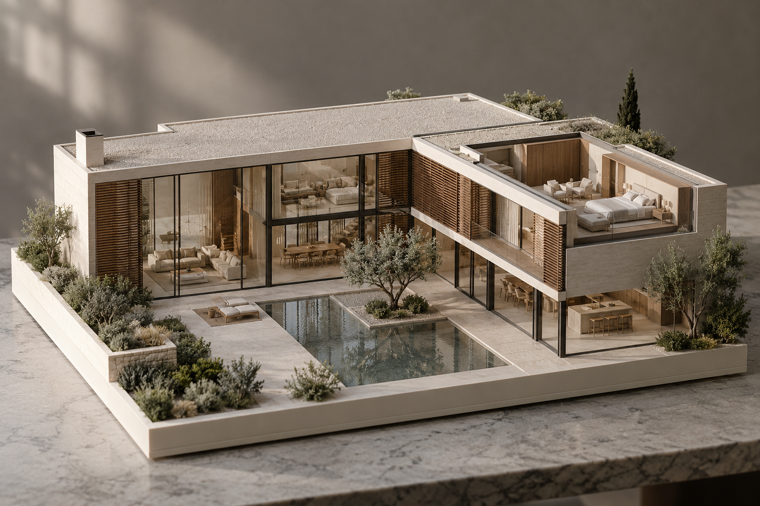 BC AKIŞ Maket için tasarlanan Avlu Evi konseptinin ışık ve mobilya detaylı mimari maket görselleştirmesi