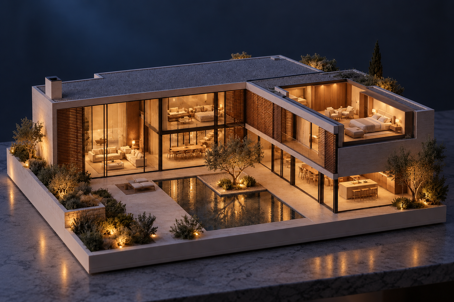 Avlu Evi maket konseptinin sıcak iç mekân ve peyzaj aydınlatmalı gece görselleştirmesi