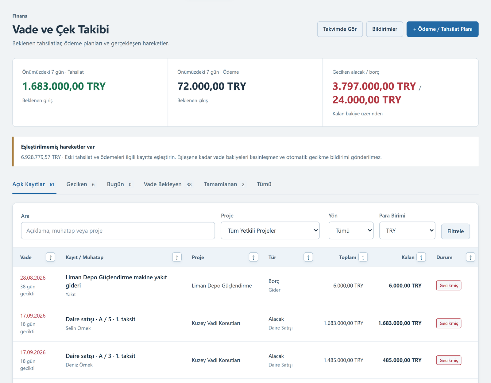 BCATEK demo programı: Finans / Vade ve çek takibi