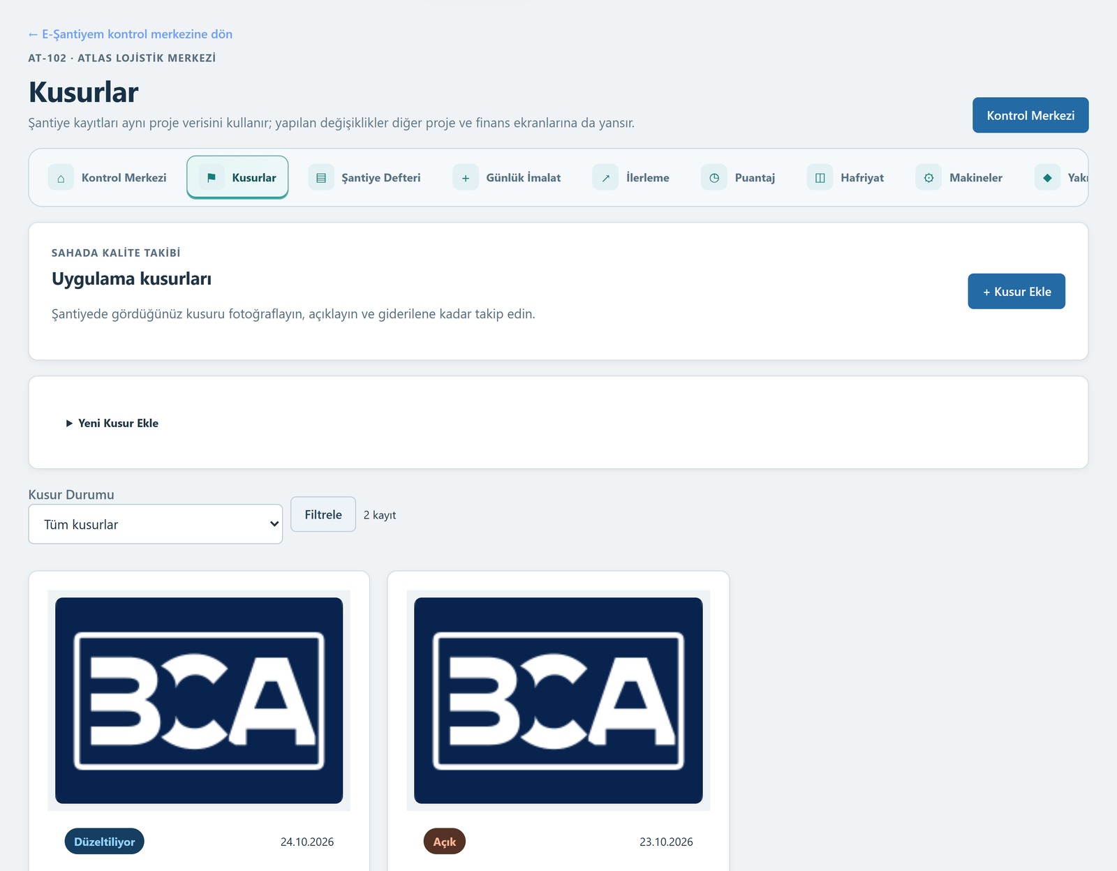 BCATEK demo programı: E-Şantiyem / Kusurlar